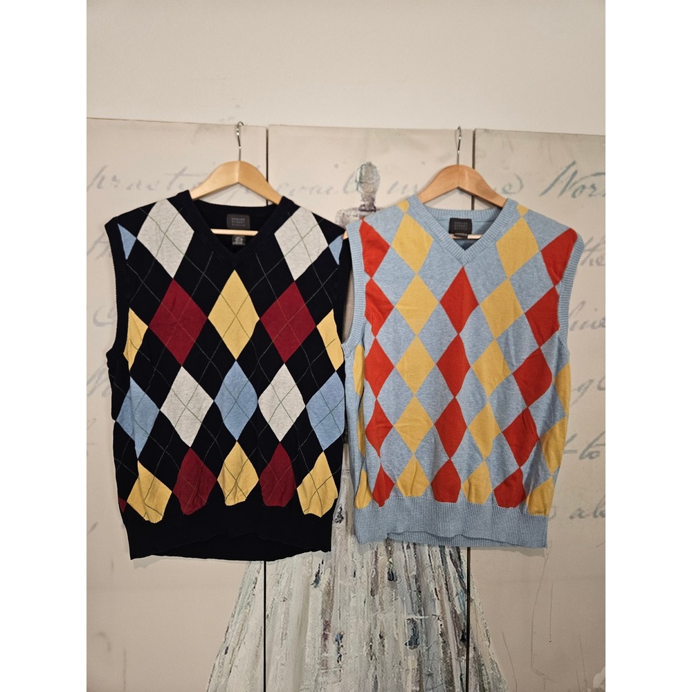 Mercer Street Studio Sweater Vest Lot of 2 Large Argyle Cotton V-Neck‎ Preppy